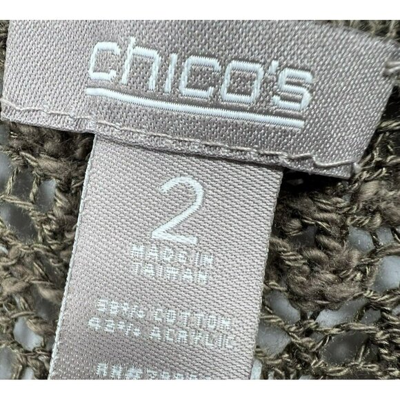 Chicos Sweater Open Crochet Size Large Tan Brown Beach Stretch Cotton Blend Knit - Picture 3 of 9